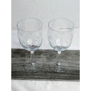 Set of 2 Princess House Floral Etched Crystal Wine Glasses 80s Vtg